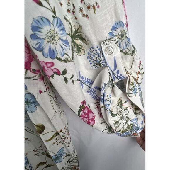 JNY Jones New York Top Womens 3X Linen Blend Floral Button Roll Tab Peasant Boho - Picture 5 of 15